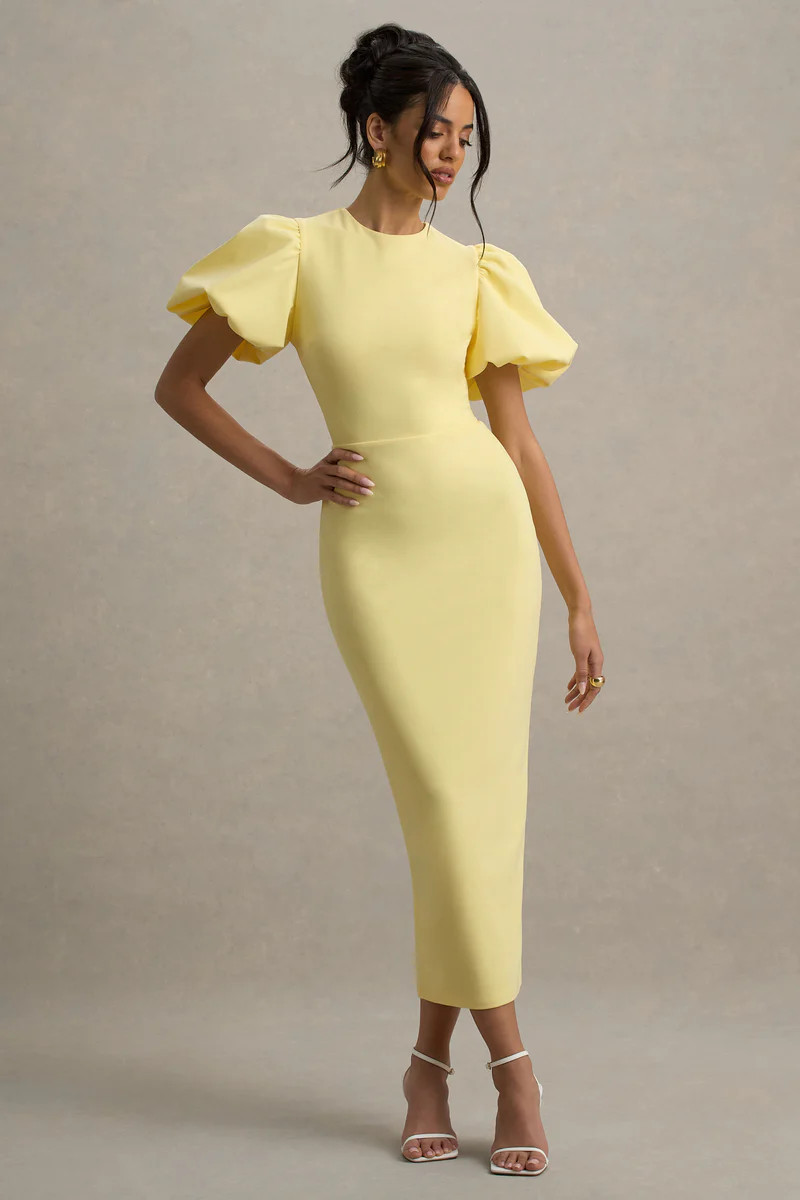Dakota  Lemon Blue Puff-Sleeve Midi Dress | Club L London