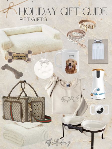 Holiday gift guide for the pets and pet parents. Dogs. Cats. Dog bed. Blanket. Gucci carrier. Custom personalized sweatshirt. Papering ornament kit. Turbo. AirTag holder for collar. Bowls. Picture frames. Bones. Toys. Leash and collar  

#LTKGiftGuide #LTKfamily #LTKunder50