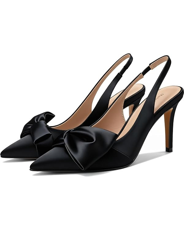 Women's Slingback Pumps Bow Pointed Toe Pumps with Elasticated Strap Pumps for Women 3.3" High He... | Amazon (US)