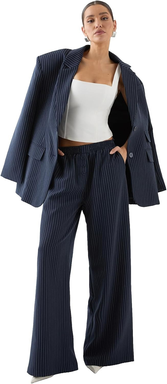 Misspap Premium Pinstripe Button Front Tailored Trouser | Amazon (US)