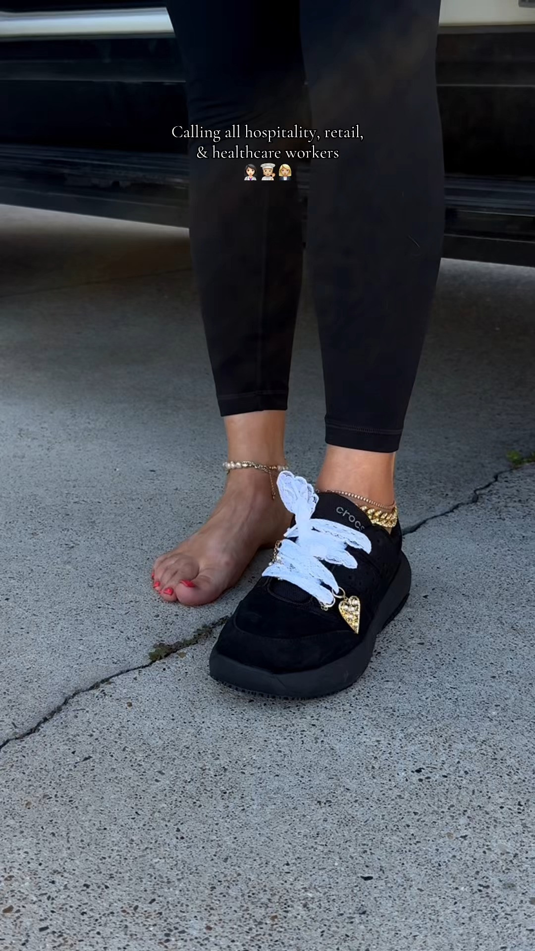 Crocs work shoes 🖤 #crocs #crocsworkshoes #workshoes #crocsspotlightday @Crocs #ad
I added the laces and charms!  

 #LTKootd #LTKWorkwear #LTKTravel