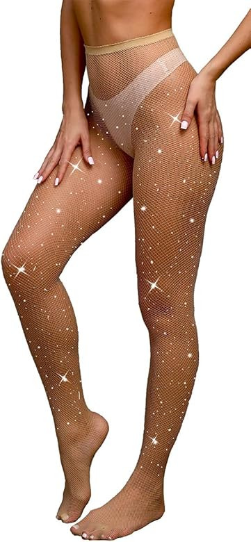 VEBZIN Sexy Sparkly Fishnets Stockings Jeweled High Waist Fishnet Tights for Women Rhinestone Par... | Amazon (US)