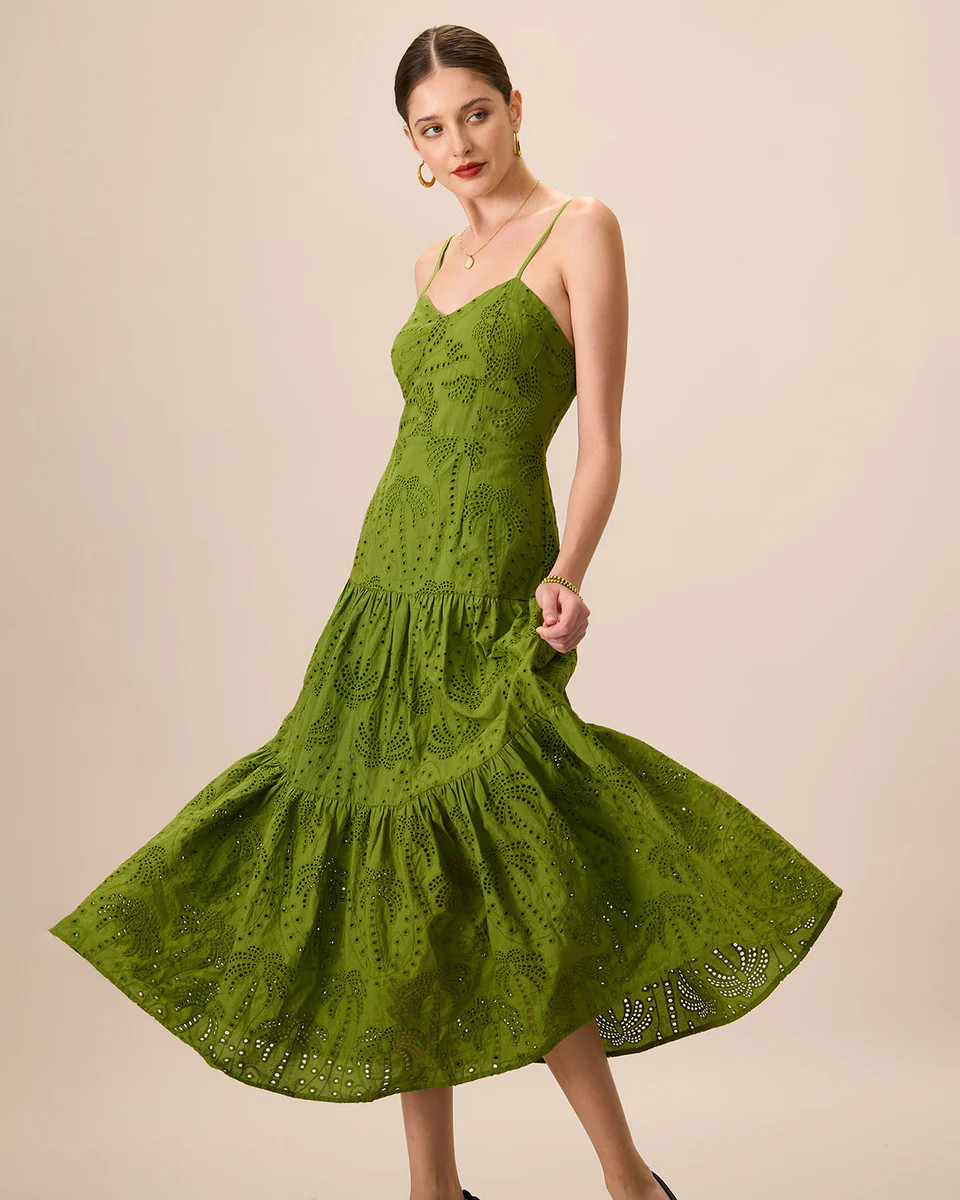 The Green Sweetheart Neck Embroidery Slip Midi Dress | rihoas.com