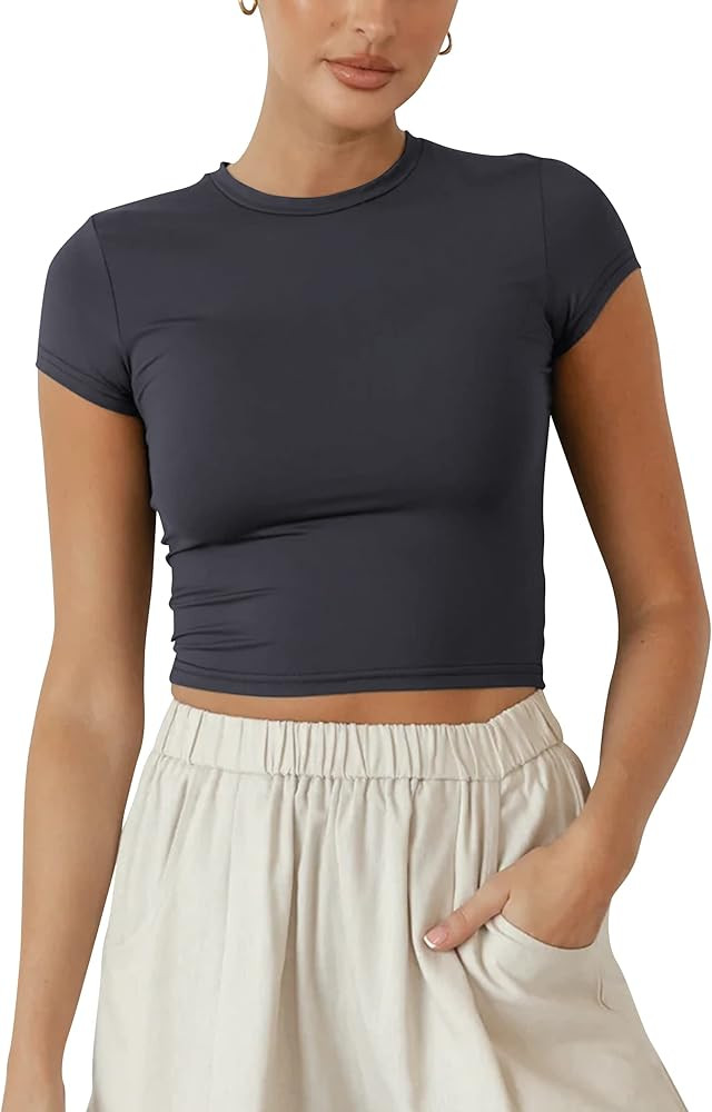 BAIGRAM Women Slim Fit Cap Sleeve Round Neck Crop Tee Top Basic Solid Form Fitting Stretchy Tshir... | Amazon (US)
