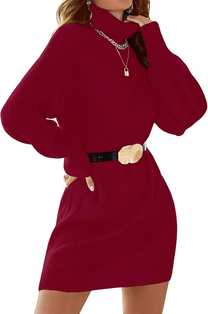 SunnyMelody Womens Turtleneck Sweater Dress Fall Winter 2025 Trendy Long Lantern Sleeve Casual Kn... | Amazon (US)