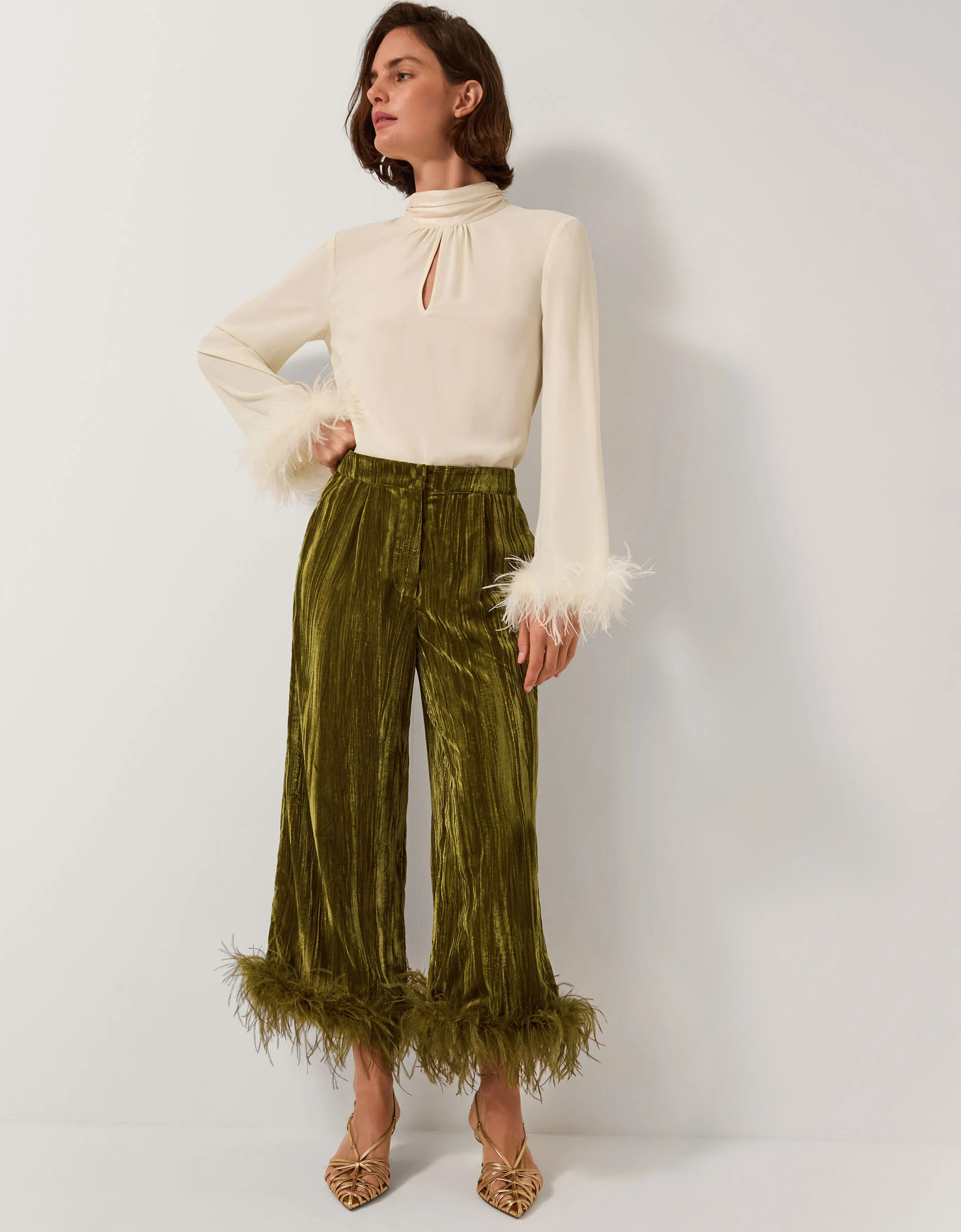 Olivia Feather Cuff Velvet Trousers Green | Monsoon (UK)