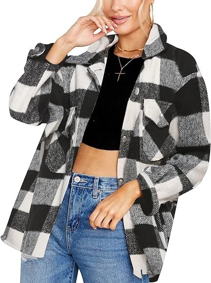 Gihuo Women's Plaid Flannel Shacket Jacket Loose Button Down Jacket Coat Casual Long Sleeve Winte... | Amazon (US)