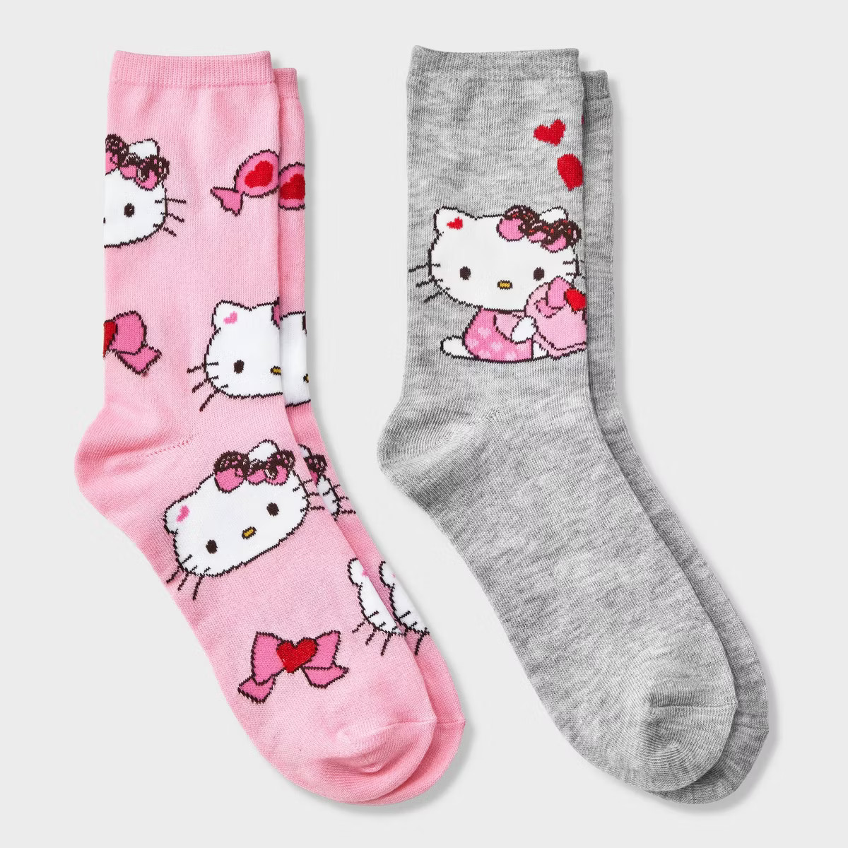 Women's Hello Kitty Valentine's Day Giftable 2pk Crew Socks - Pink/Gray 4-10 | Target