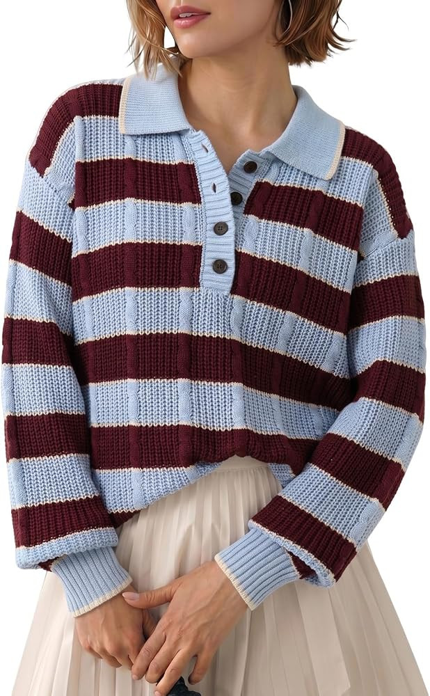 Dokotoo Sweaters for Women Button Polo Lapel Collar Cable Knit Sweater Tops | Amazon (US)