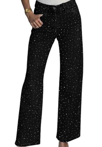 Famnbro Womens Rhinestone Jeans Baggy Y2K High Waisted Straight Wide Leg Sparkly Bling Glitter Denim Pants Black | Amazon (US)