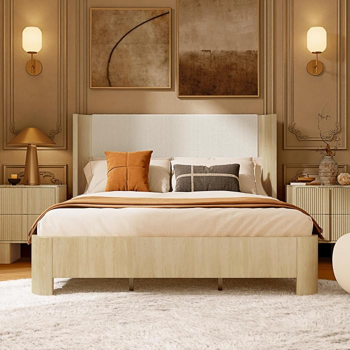King Size Upholstered Platform Bed Frame with Wingback Headboard, Motion-Sensing LED Lights, Sturdy Slats, Mattress-Lock Footboard, PU Leather,No Box Spring Needed, Easy Assembly, Whitewashed Oak | Amazon (US)
