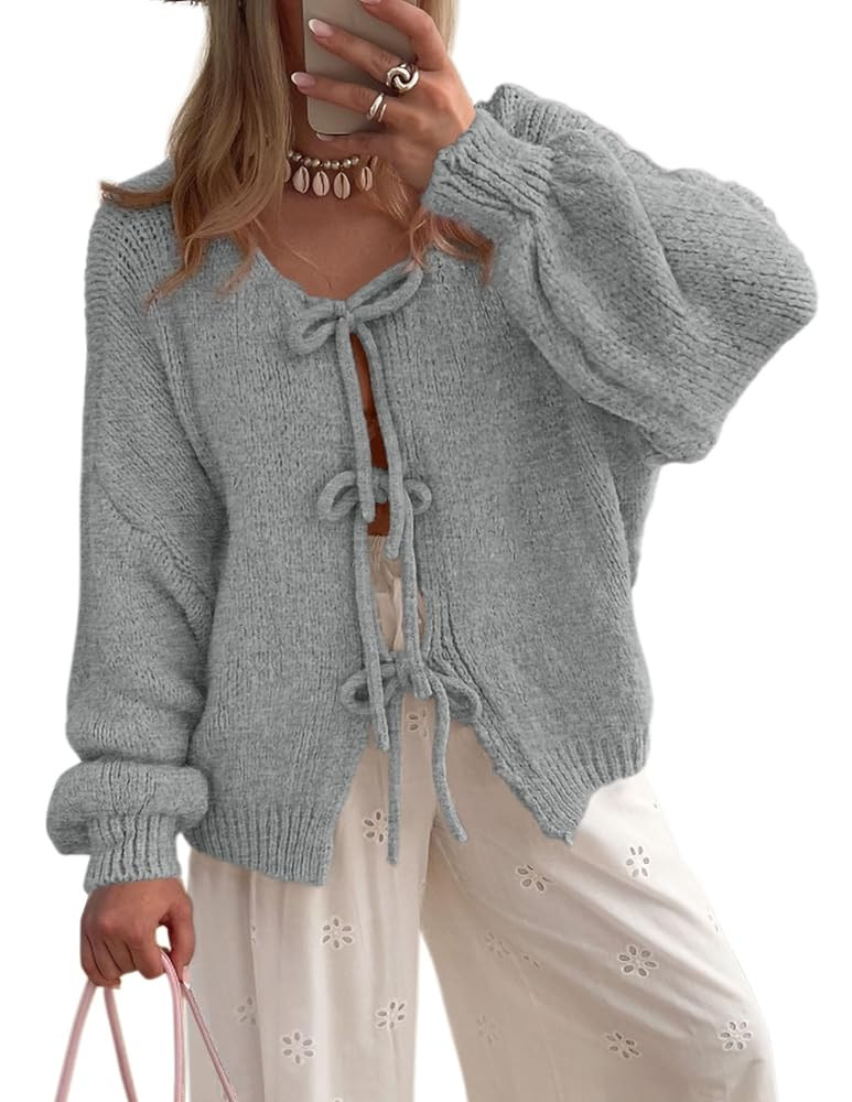PRETTYGARDEN Women's Tie Front Bow Cardigan Sweaters Chunky Knit Long Puff Sleeve Trendy Fall Win... | Amazon (US)