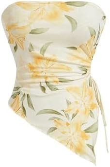 Milumia Women's Floral Print Strapless Tube Top Ruched Drawstring Asymmetrical Tank Tops | Amazon (US)