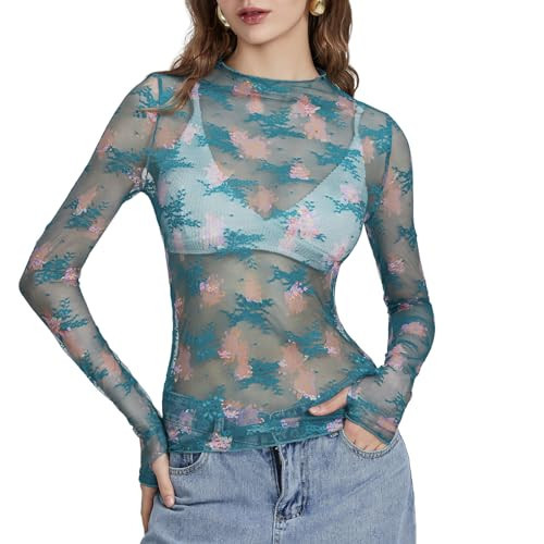 Fabumily Sheer Tops for Women Long Sleeve Mock Neck Lace Mesh Top Sexy See Through Floral Tee Shirts Layering Blouse (Lake Blue, M) | Amazon (US)