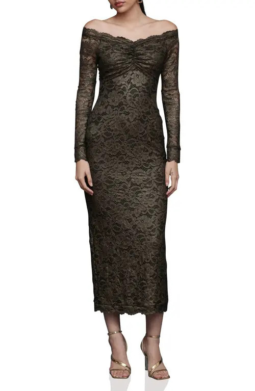 Avec Les Filles Lace Off the Shoulder Long Sleeve Midi Dress in Black And Gold at Nordstrom, Size 2 | Nordstrom