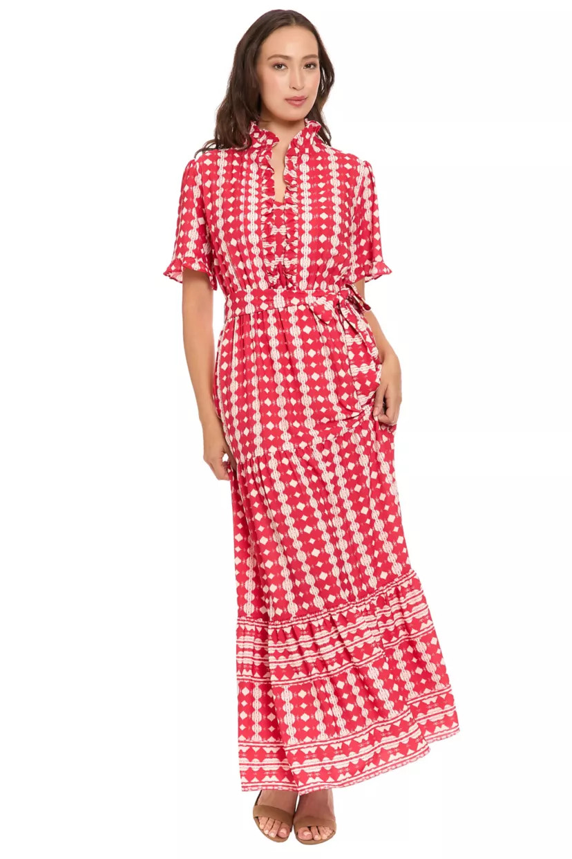 RUFFLE NECK ELBOW SLEEVE TIERED MAXI | Belk