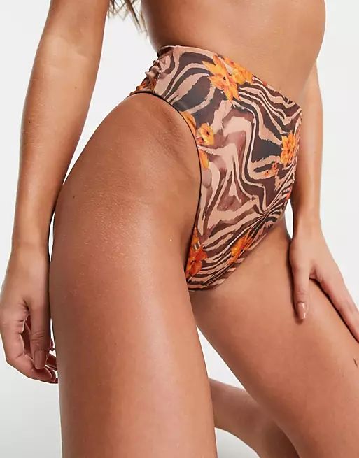 ASOS DESIGN recycled mix and match high leg high waist bikini bottom in zebra tropical print | ASOS (Global)