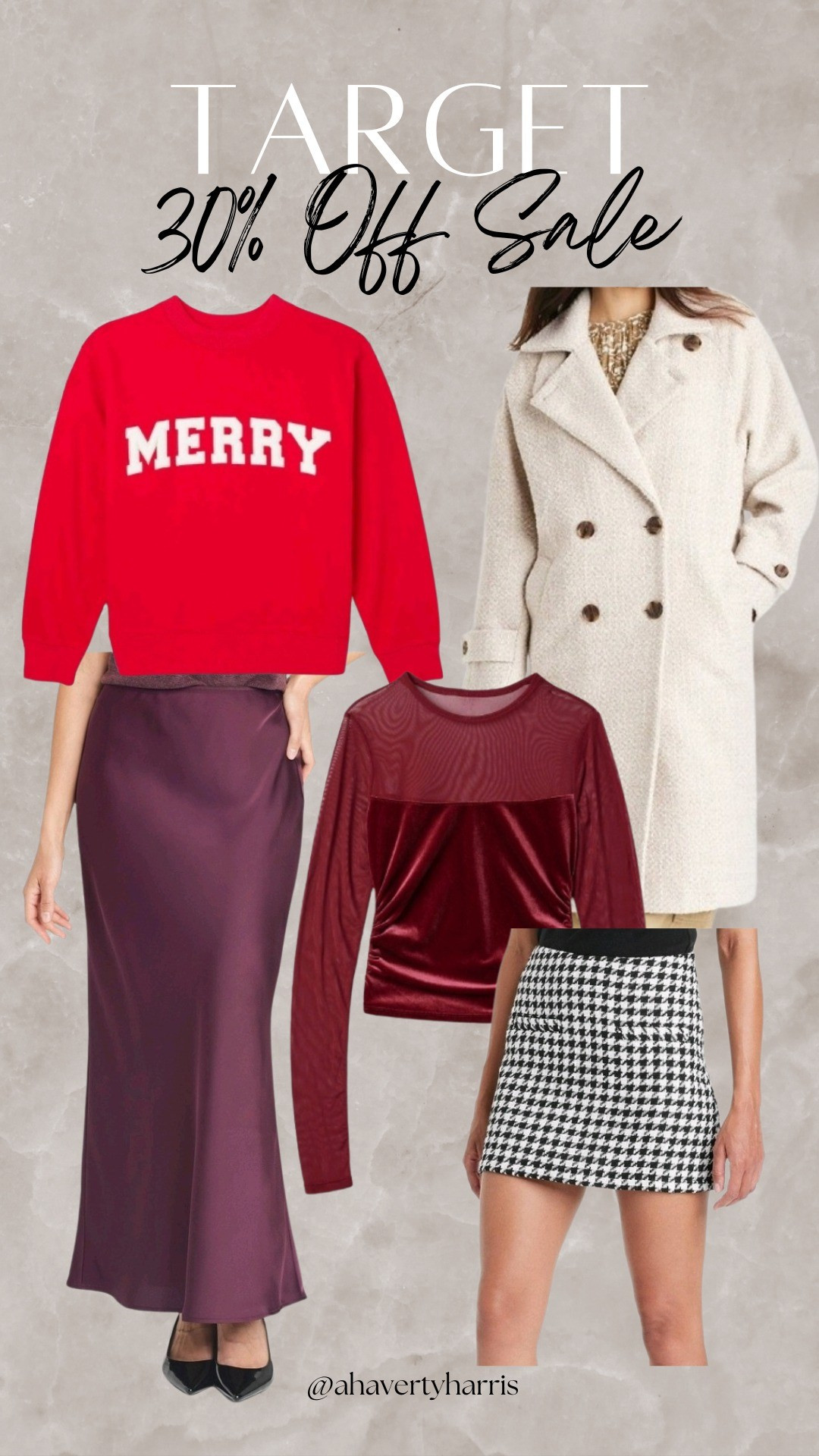 Target 30% Off Women's Apparel Sale - What I bought! I bought this holiday crewneck sweatshirt,  winter trench cost,  satin skirt,  midi skirt, houndstooth mini skirt, and velour top - all great holiday outfit peices! Sale ends tonight!

#LTKHoliday #LTKSaleAlert #LTKFindsUnder50