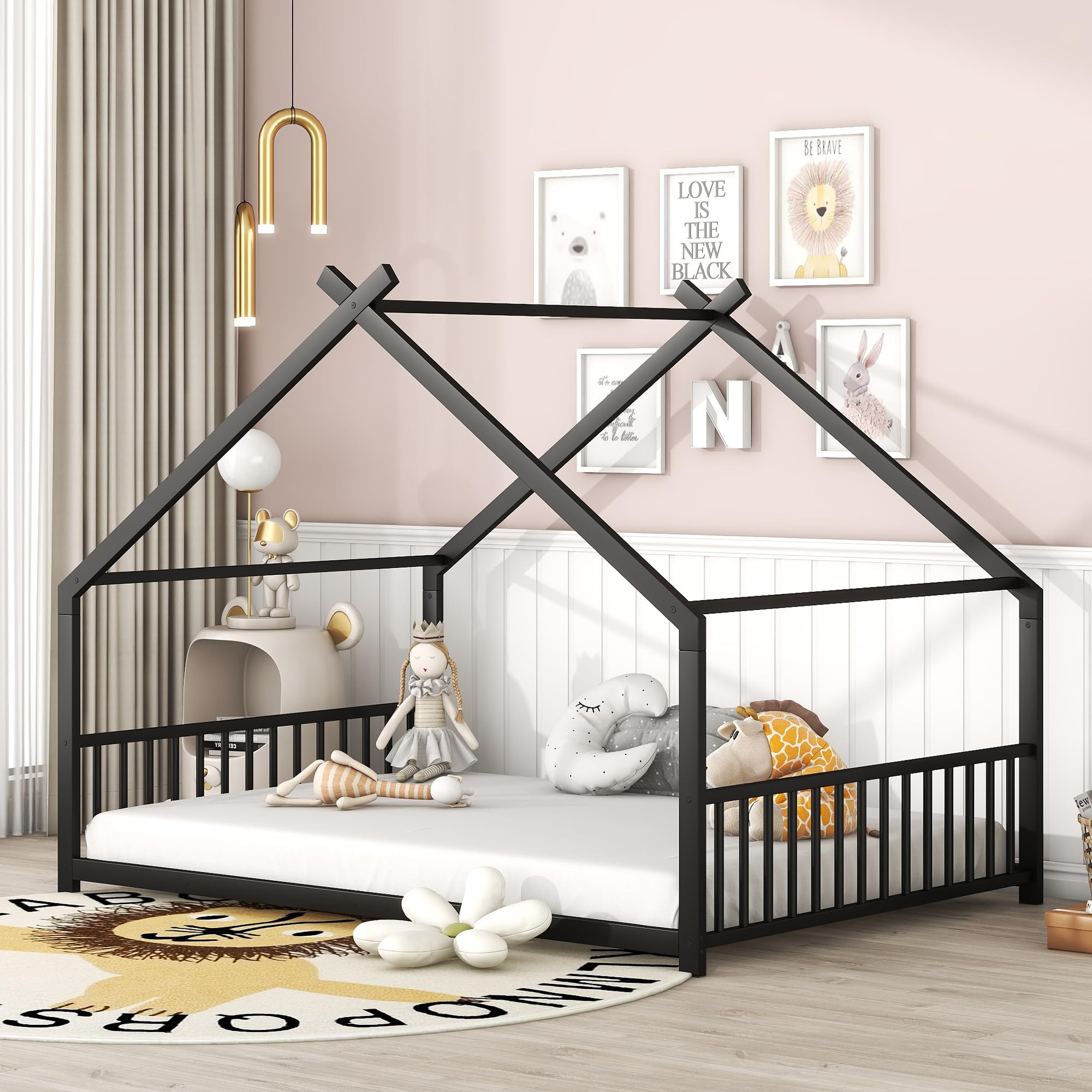 Full Size Metal Floor House Bed Frame with Slats for Bedroom, Toddler House Full Bed with Roof and Fence Guardrails Montessori Bed Playhouse Bed for Boys Girls Teens, Black | Amazon (US)