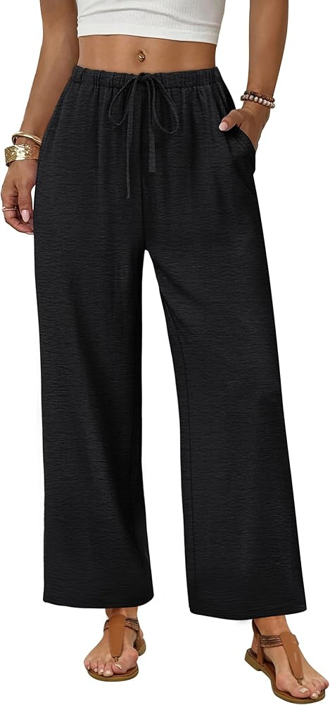 Sampeel Wide Leg Pants Women Casual Palazzo Drawstring Elastic Waist Trousers with Pockets Summer... | Amazon (US)