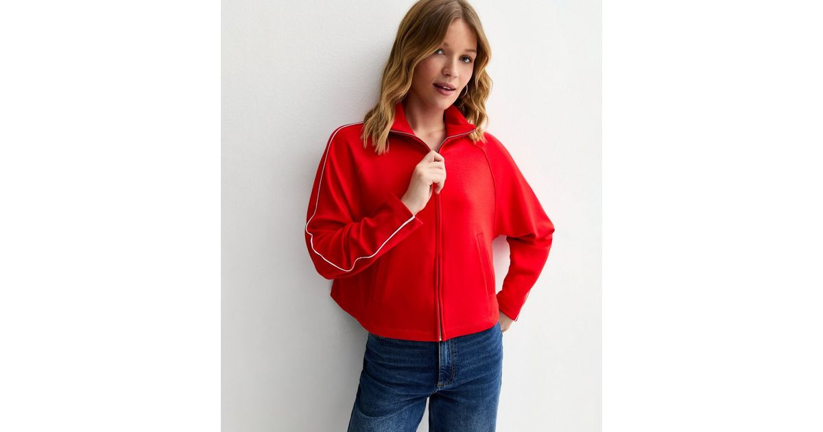 Premium Red Jersey Contrast Piping Zip Up Sweatshirt | New Look | New Look (UK)