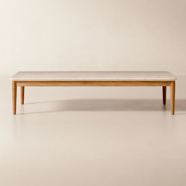 Tide 60" Rectangular Travertine and Teak Outdoor Coffee Table | CB2