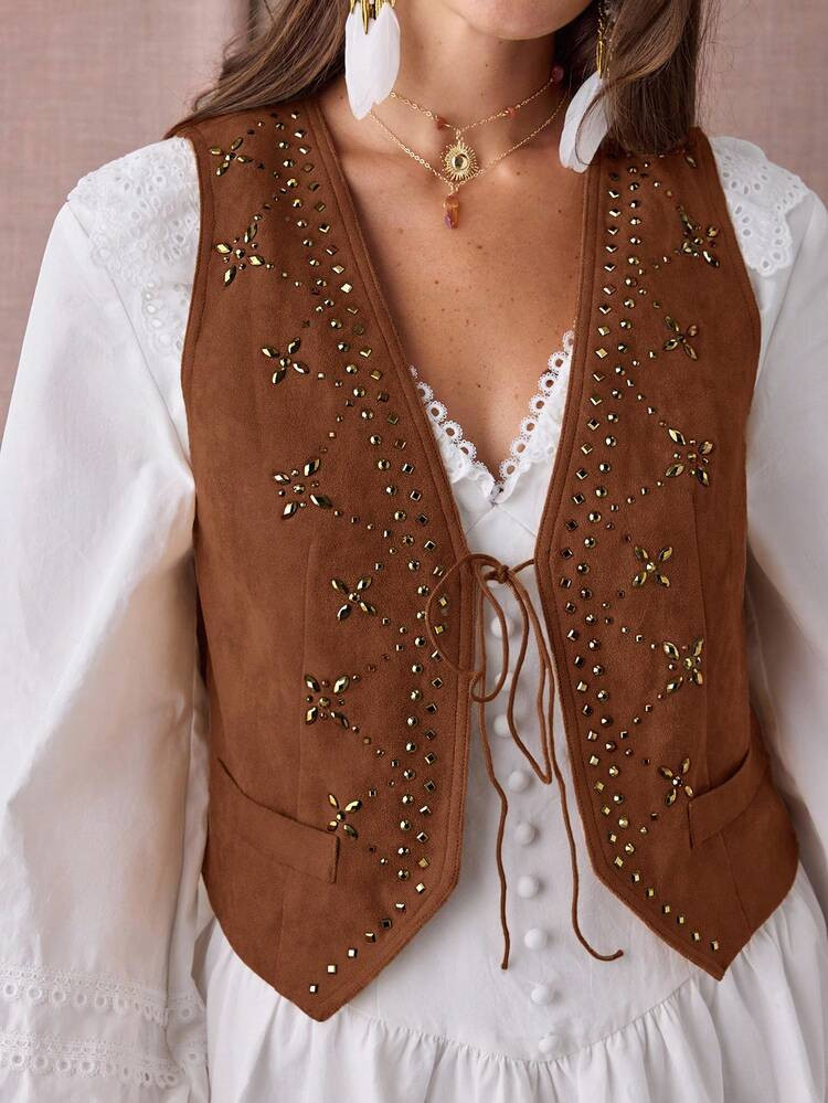 Enchnt Women's Rhinestone Decor Western Style Front Tie Vest Jacket In Fall/Winter | SHEIN