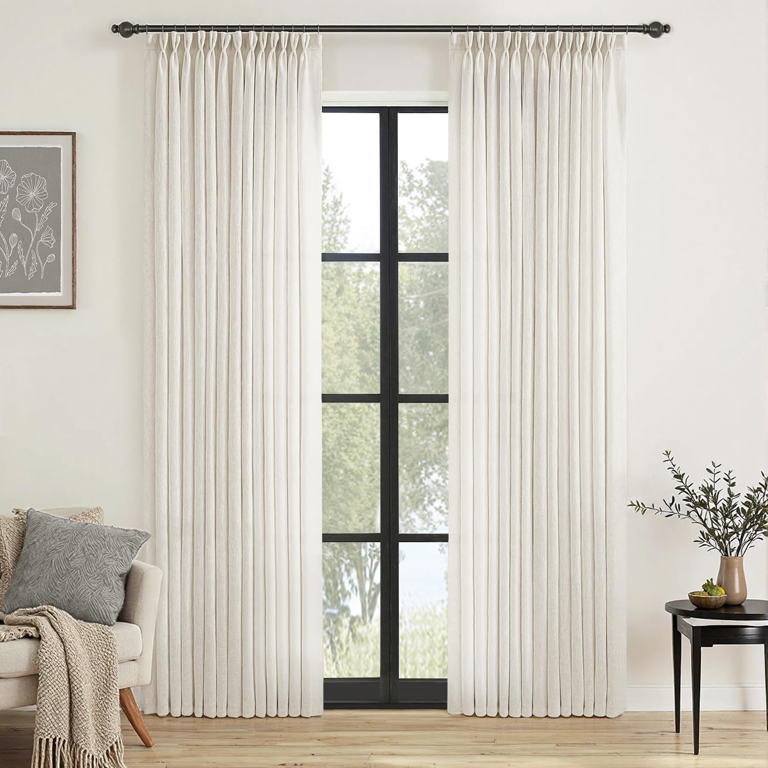 MIULEE Pinch Pleated Natural Linen Curtains 90 Inches Long 2 Panels for Bedroom Living Room, Soft Thick Linen Textured Window Drapes Back Tab Hooks Semi Sheer Light Filtering Neutral Farmhouse Cream | Amazon (US)