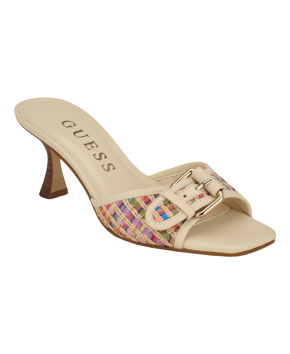 Guess Women's Dista Buckle Kitten Heel Sandals - Ivory/Rainbow Raffia | Macy's