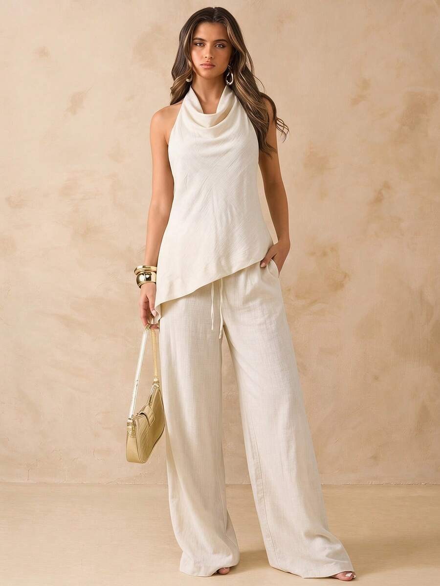 SHEIN BAE 2pcs Set:Loose Backless Scoop Neck Blouse & High Waist Wide Leg Pants,Cream White,Summm... | SHEIN