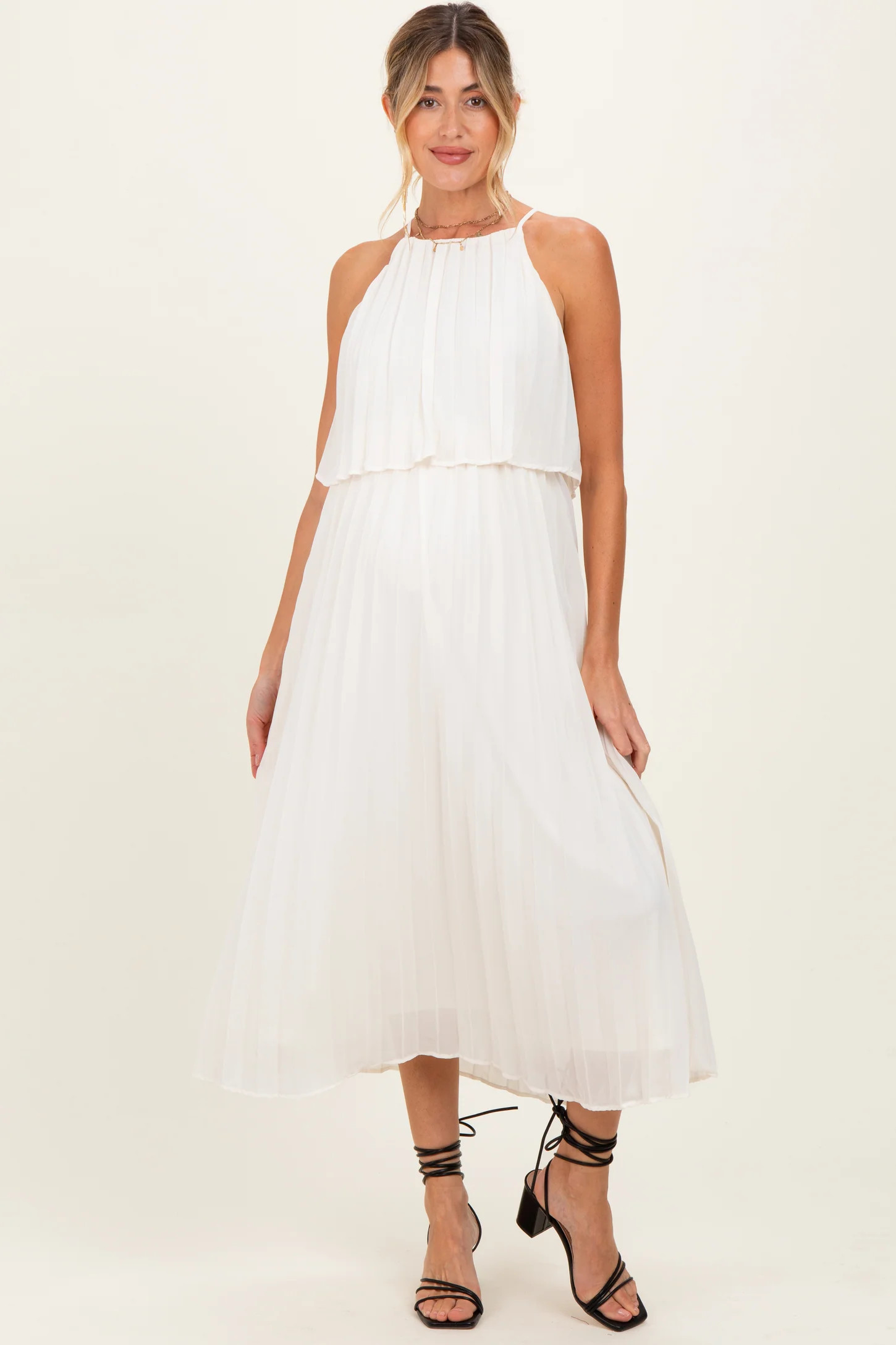 Cream Pleated Woven Maternity Midi Dress | PinkBlush Maternity