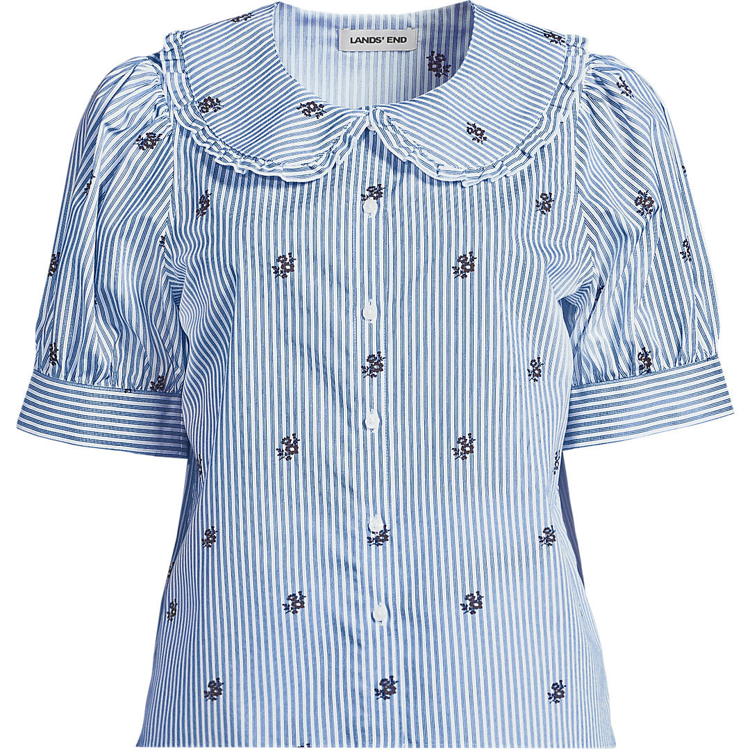 Women's Carefree Cotton Puff Sleeve Statement Collar Shirt | Lands' End (US)