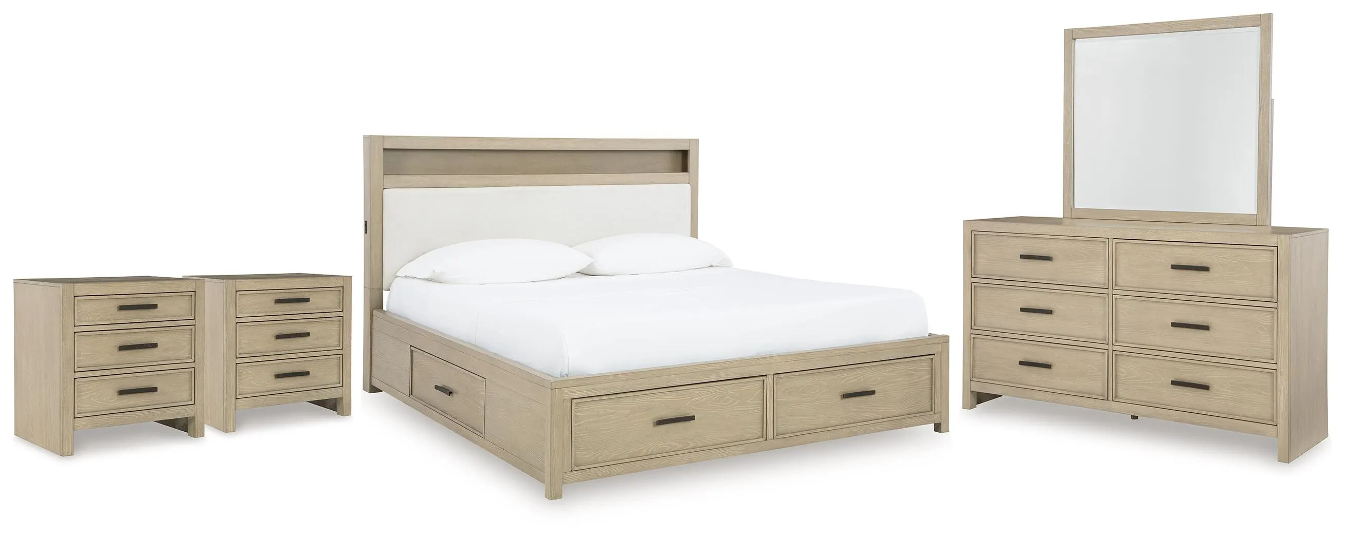Calmoro Queen Bookcase Bed with Mirrored Dresser and 2 Nightstands | Ashley | Ashley