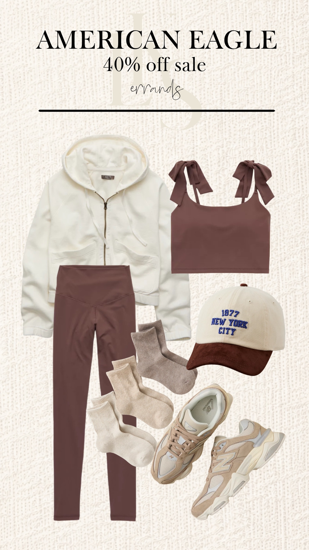Errand-day layers in the prettiest neutral and chocolate-brown color palette. 

Pair a zip-up hoodie with matching leggings, a bow-strap top, a baseball cap, cozy socks, and neutral sneakers for a comfy, put-together athleisure look. 

American Eagle’s 40% off sale has your fall refresh covered! 

 #LTKootd #LTKActive #LTKSaleAlert