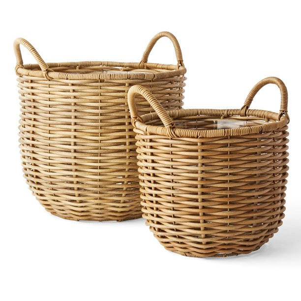Better Homes & Gardens 12" & 15" Round Beige Resin Rattan Basket Planter, Set of 2 - Walmart.com | Walmart (US)