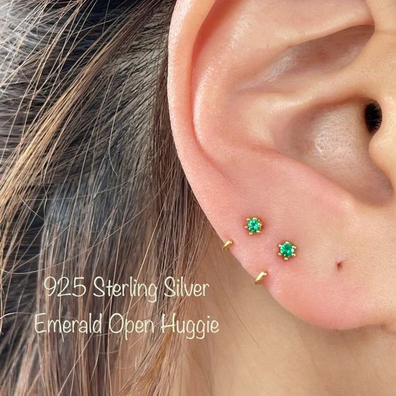 Emerald CZ Open Huggie Hoop Earring single or Pair 92.5 | Etsy | Etsy (US)
