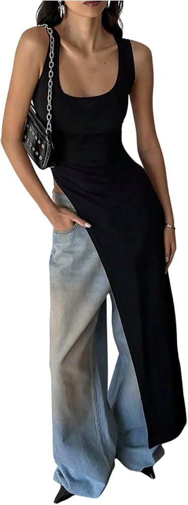WDIRARA Women's Asymmetrical Long Tank Top Split Hem Square Neck Sleeveless Tops Streetwear | Amazon (US)