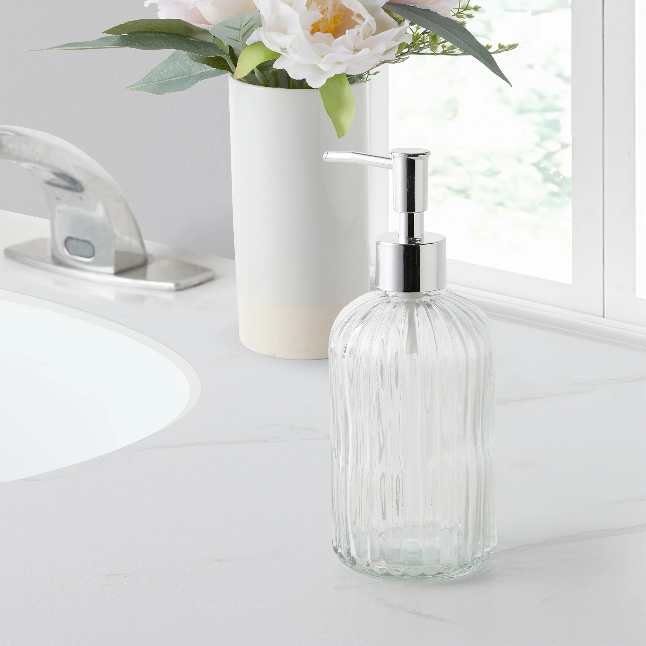 My Texas House Lancaster 12 oz. Ribbed Glass Soap Pump, Clear/Silver | Walmart (US)