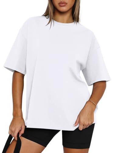 REORIA Womens Oversized Workout T Shirts Summer Crewneck Athletic Plus Size Tops Going Out Y2k Blouse Casual Trendy Clothes 2025 Short Sleeve Spring Basic Tee White | Amazon (US)