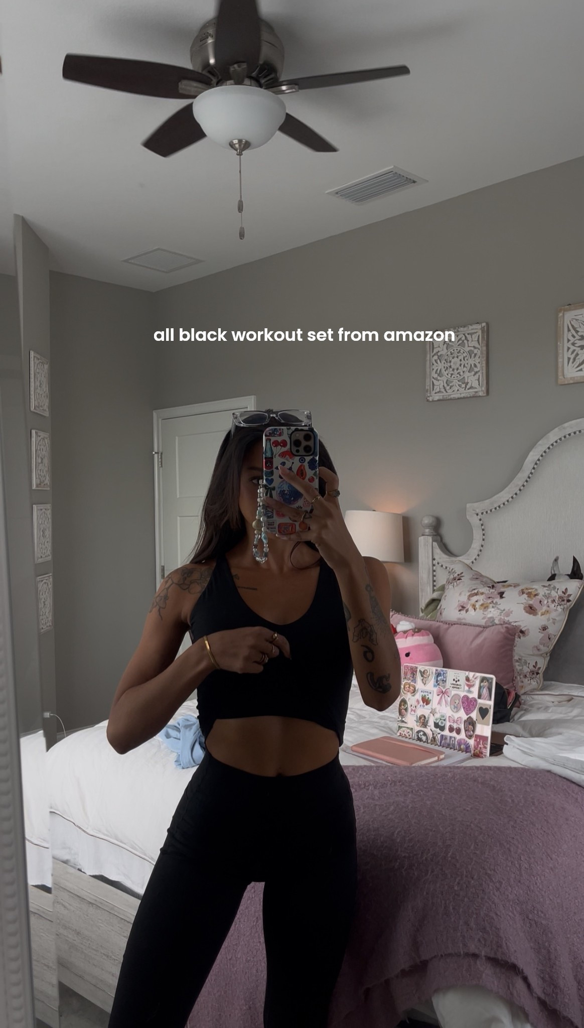 black Amazon workout set with leggings & a tank! (the back of this top is a criss cross) 💓 I got a size S - fit is TTS! (PS the leggings have a nice booty scrunch!!)
