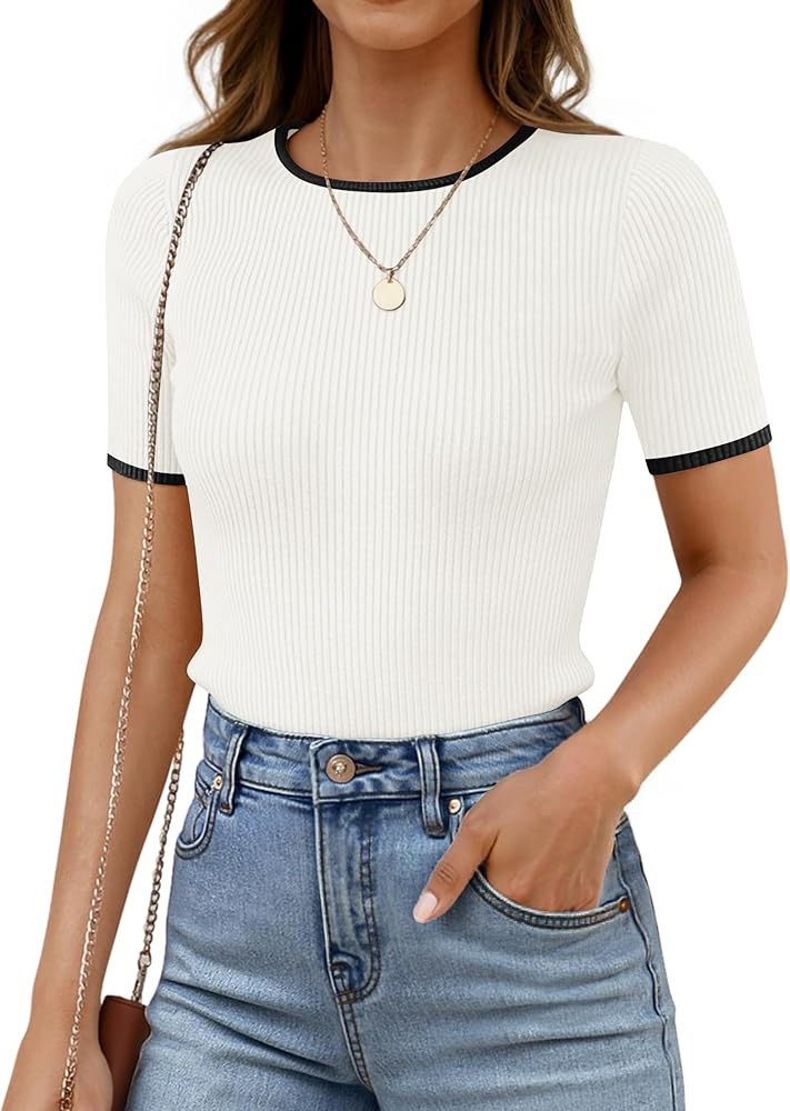 ZESICA Women's Summer Short Sleeve Ribbed Knit Slim Fit T Shirt 2025 Crewneck Basic Casual Color ... | Amazon (US)