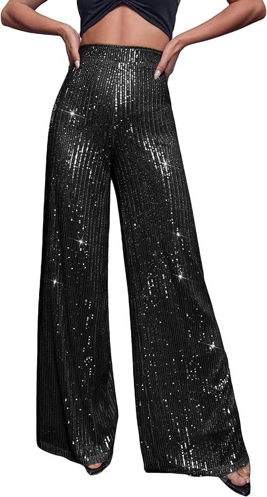 Floerns Women's Contrast Sequin High Waist Wide Leg Party Clubwear Long Pants | Amazon (US)