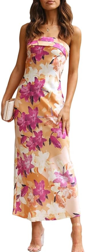 Realtix Satin Silk Backless Tube Tops Maxi Dress for Women Low Back Hollow Out Elegant Strapless ... | Amazon (US)