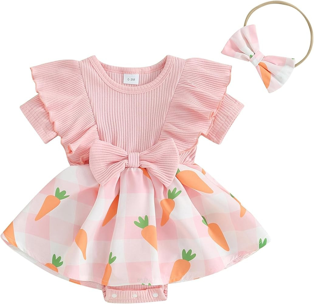Newborn Baby Girl Romper Dress Flower Print Lace Ruffled Jumpsuit with Headband Cute Summer Cloth... | Amazon (US)