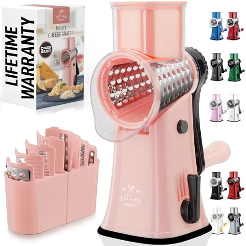 Zulay Kitchen Rotary Cheese Grater 5 Blade Cheese Shredder - Manual Hand Crank Cheese Grater With Reinforced Suction & 5 Interchangeable Drums - Easy to Use, Vegetable Chopper Round Mandoline Slicer | Amazon (US)