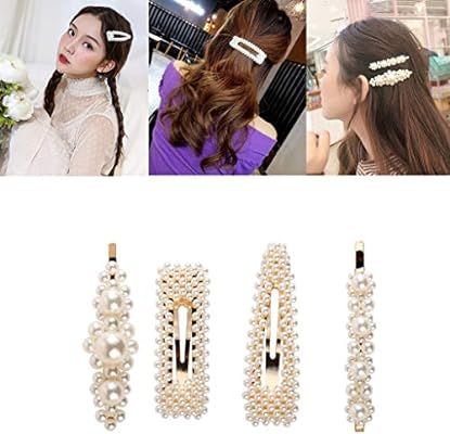 Pearls Hair Clips for Girls Women Wedding Bridal,Hair Barrettes Hair Pins 4 Pack Gold Different S... | Amazon (US)