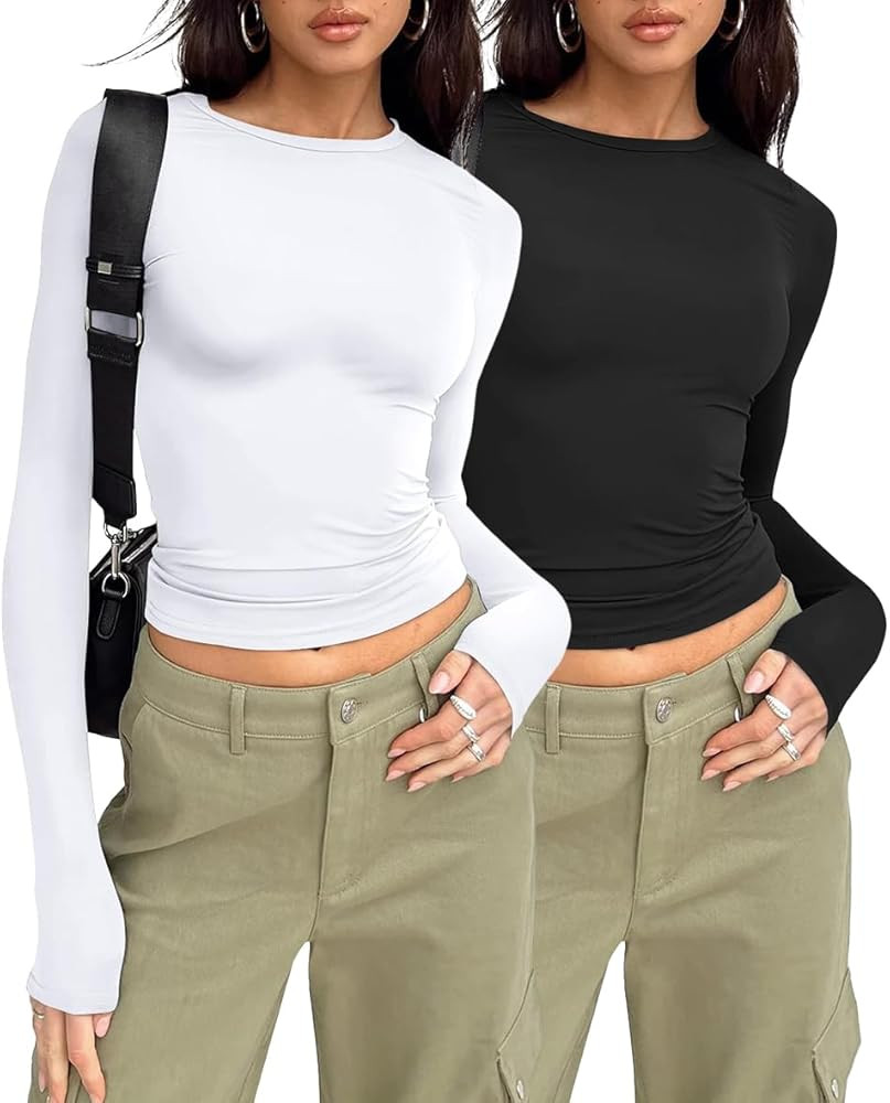 AUTOMET 3-Pack Women's Long Sleeve Crop Tops - Basic Fitted T-Shirts Set | Amazon (US)