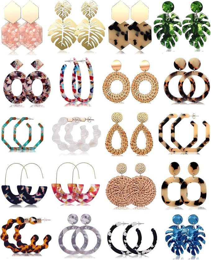 Statement Earrings for Women Girls, FIFATA 20 Pairs Mottled Resin Acrylic Drop Dangle Earrings Bo... | Amazon (US)