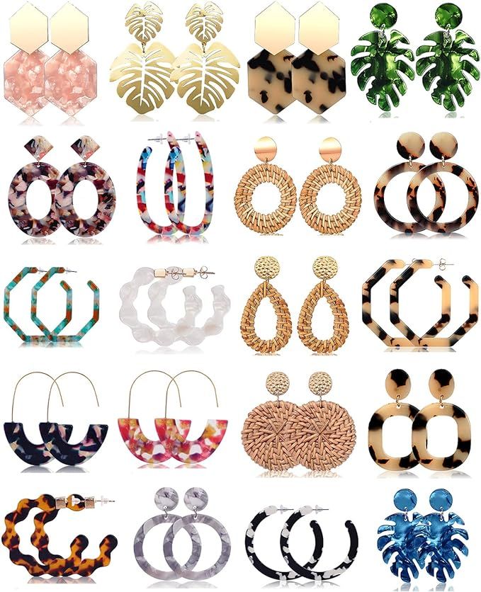 FIFATA 20 Pairs Rattan Drop Dangle Earrings Bohemian Statement Earrings for Women Girls Mottled A... | Amazon (US)