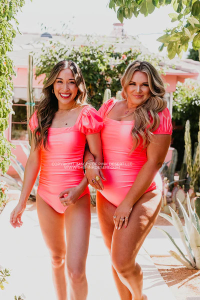 PUFF SLEEVE ONE PIECE IN VINTAGE BARBIE PINK SHIMMER BY SASSY RED LIPSTICK X PINK DESERT | Pink Desert